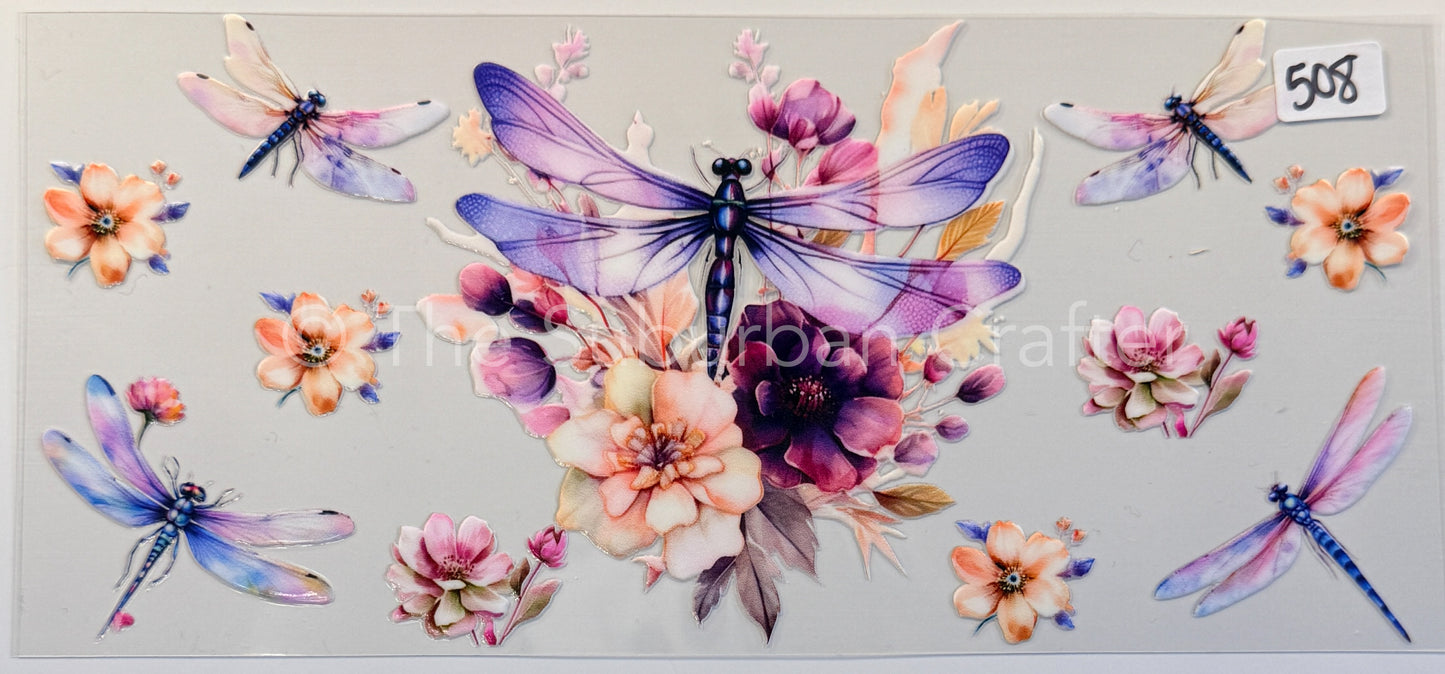 UV DTF Purple dragonflies and flowers