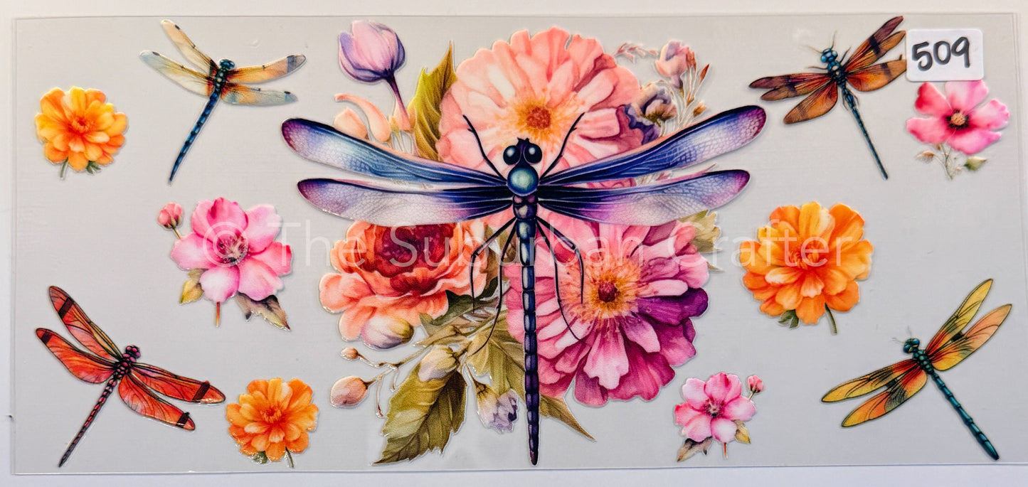 UV DTF Multicolored dragonflies and flowers