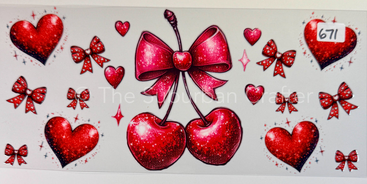 UV DTF Cherries, hearts and bows