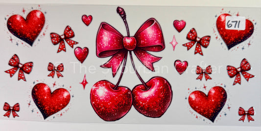 UV DTF Cherries, hearts and bows